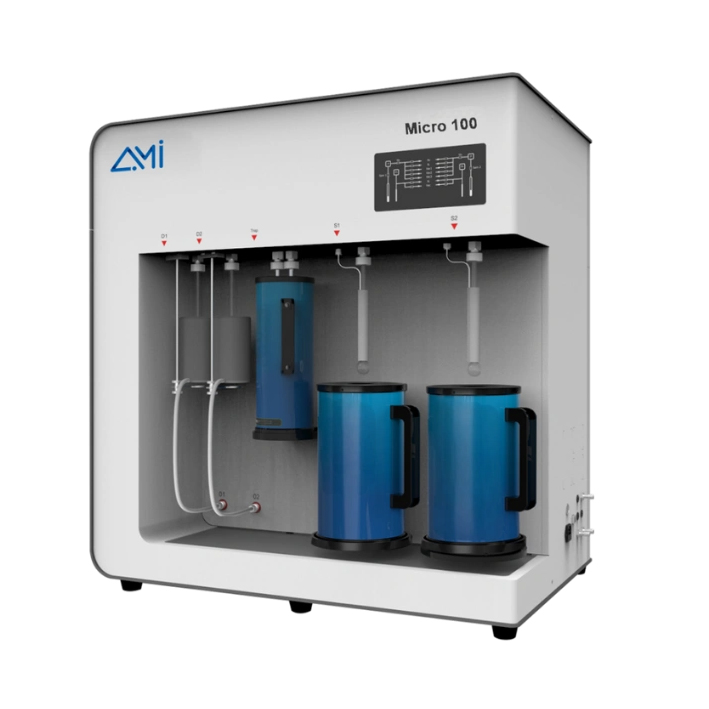Micro 100 ● Available in multiple models to support diverse lab-throughput needs. ● 2 analysis stations with high-vacuum pump and up to 3 pressure sensors per station. ● Simultaneous testing with different adsorbate gases across all active stations.